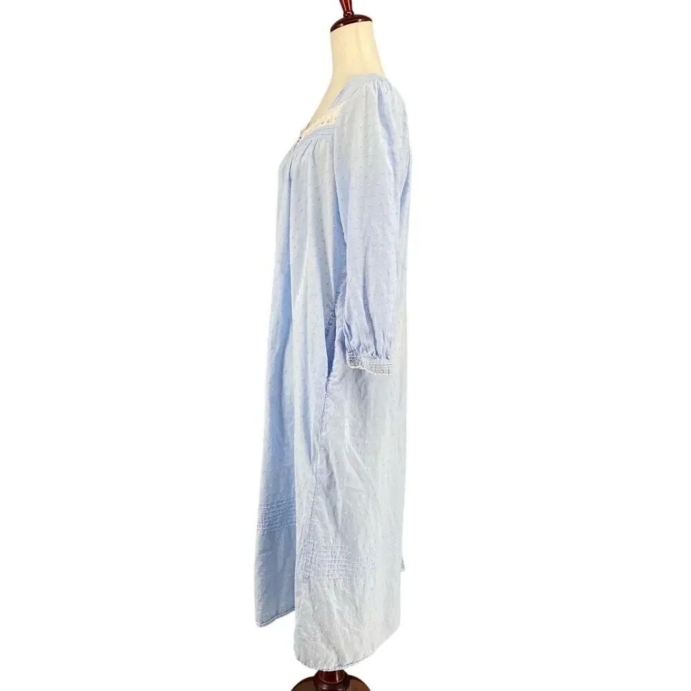 Eileen West Swiss Dot Button Down Cotton Nightgown Womens S Blue Pockets Cottage
